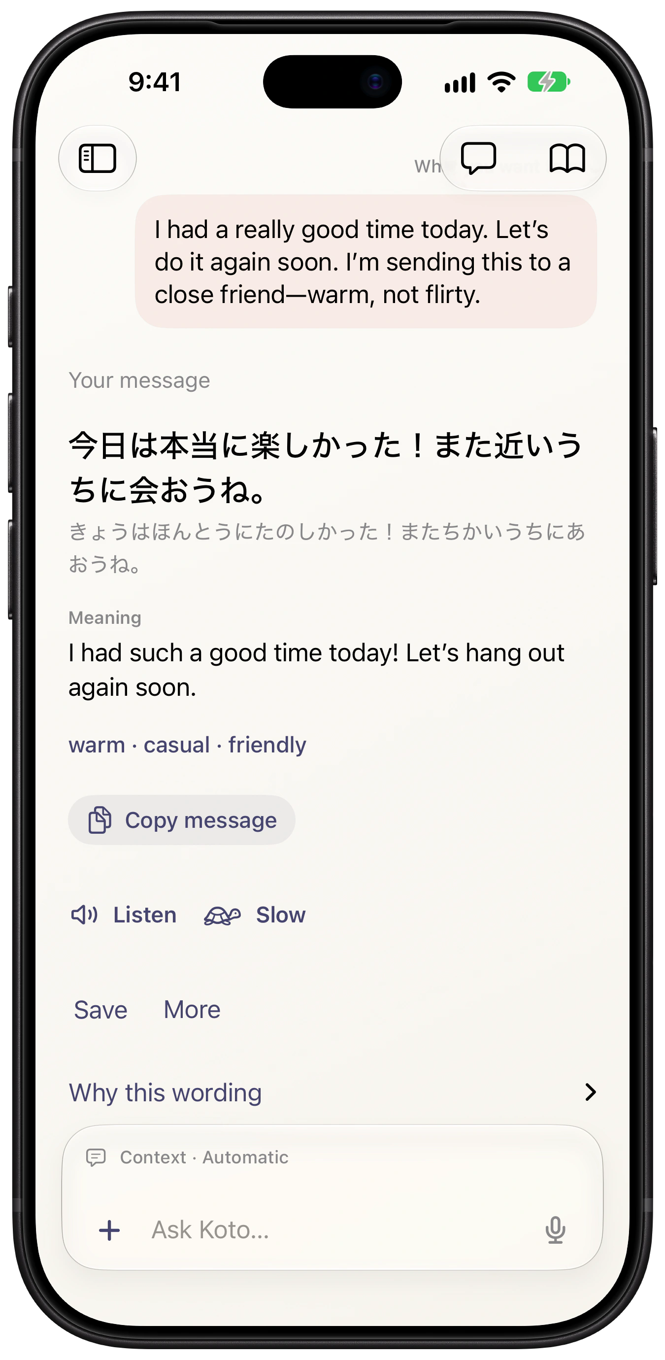Koto suggesting a warm, natural Japanese message to a friend